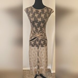 Second Skin Brown Sheer Lace Midi Dress XS New